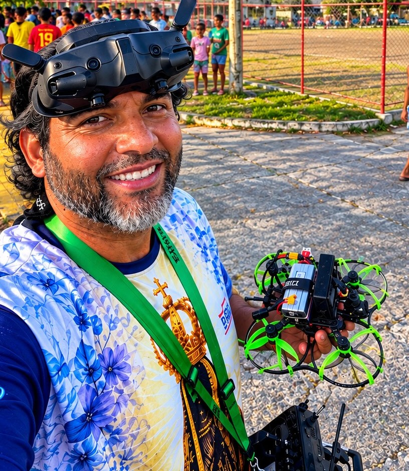 Alexsandro Lima segurando um drone FPV com óculos de voo na cabeça