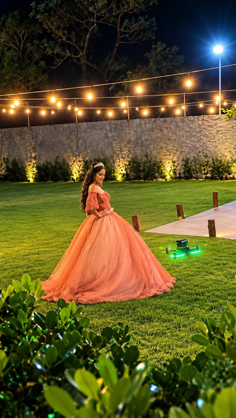 Debutante em vestido com drone FPV ao lado