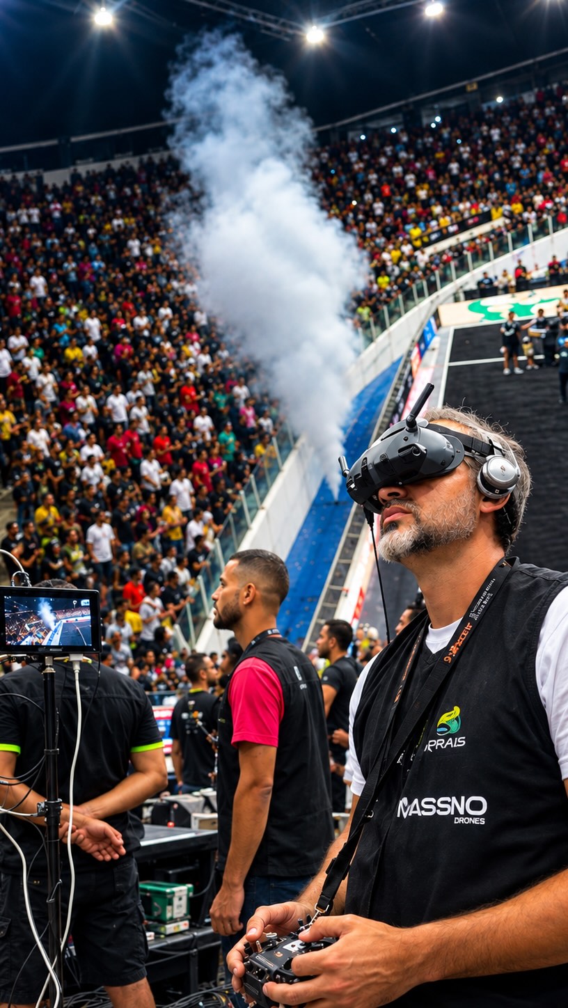 Piloto de drone FPV com óculos em evento em arena lotada